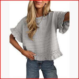 Short Sleeve Sweater Pullover Ruffled Hem Knit Top Casual Blouse